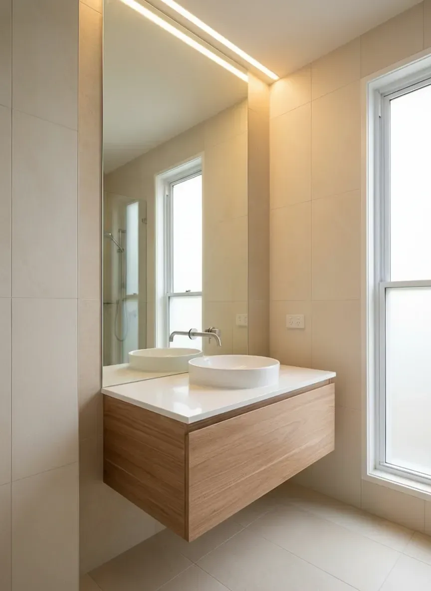 Frameless vanity mirror custom sized for Hamilton apartment bathroom