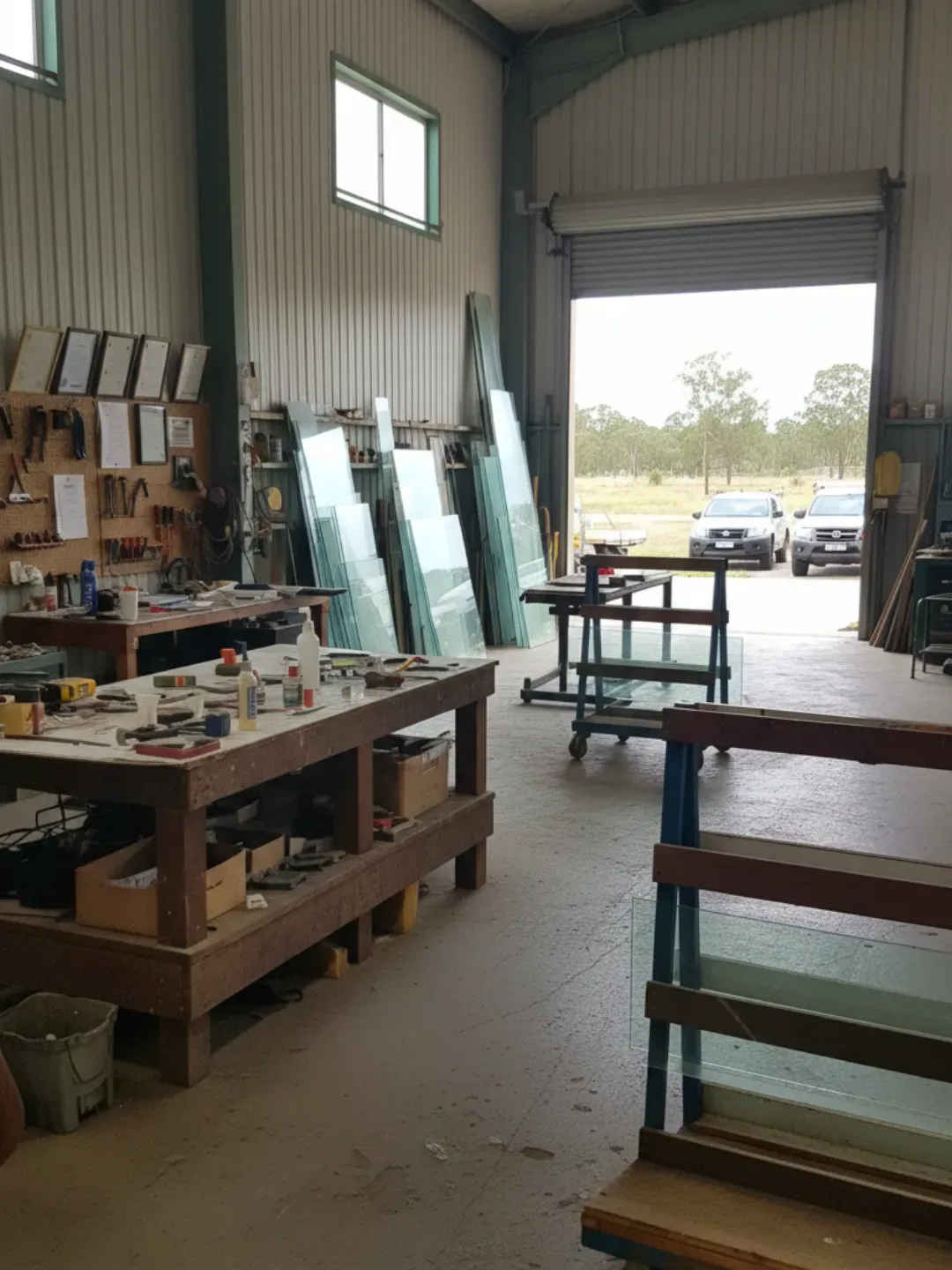 Hamilton glazier workshop interior with glass panels, tools, and uniform display