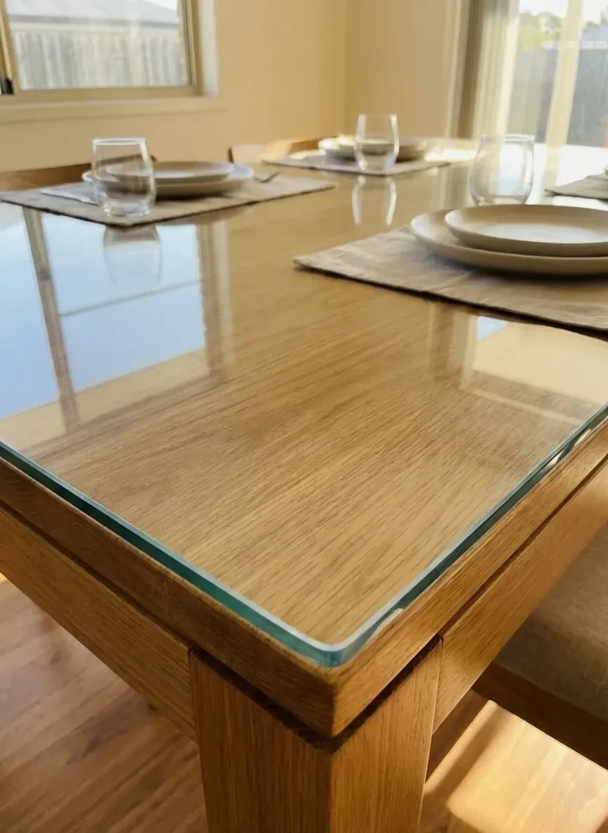 Dining table glass protector Hamilton custom cut with polished edge and toughened glass